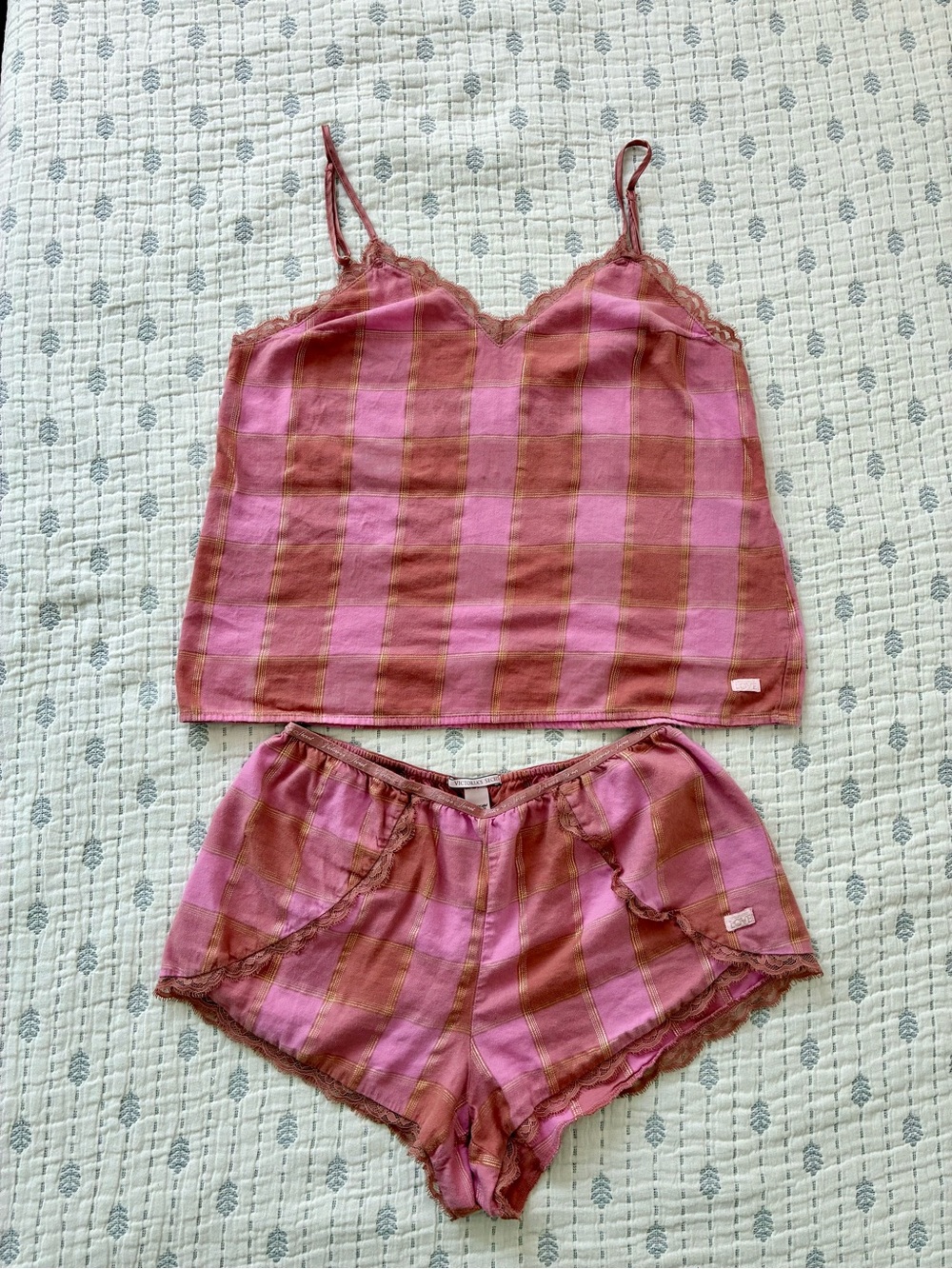 Victoria's Secret Pink & Gold Plaid Lace-Trim Cami and Shorts Set